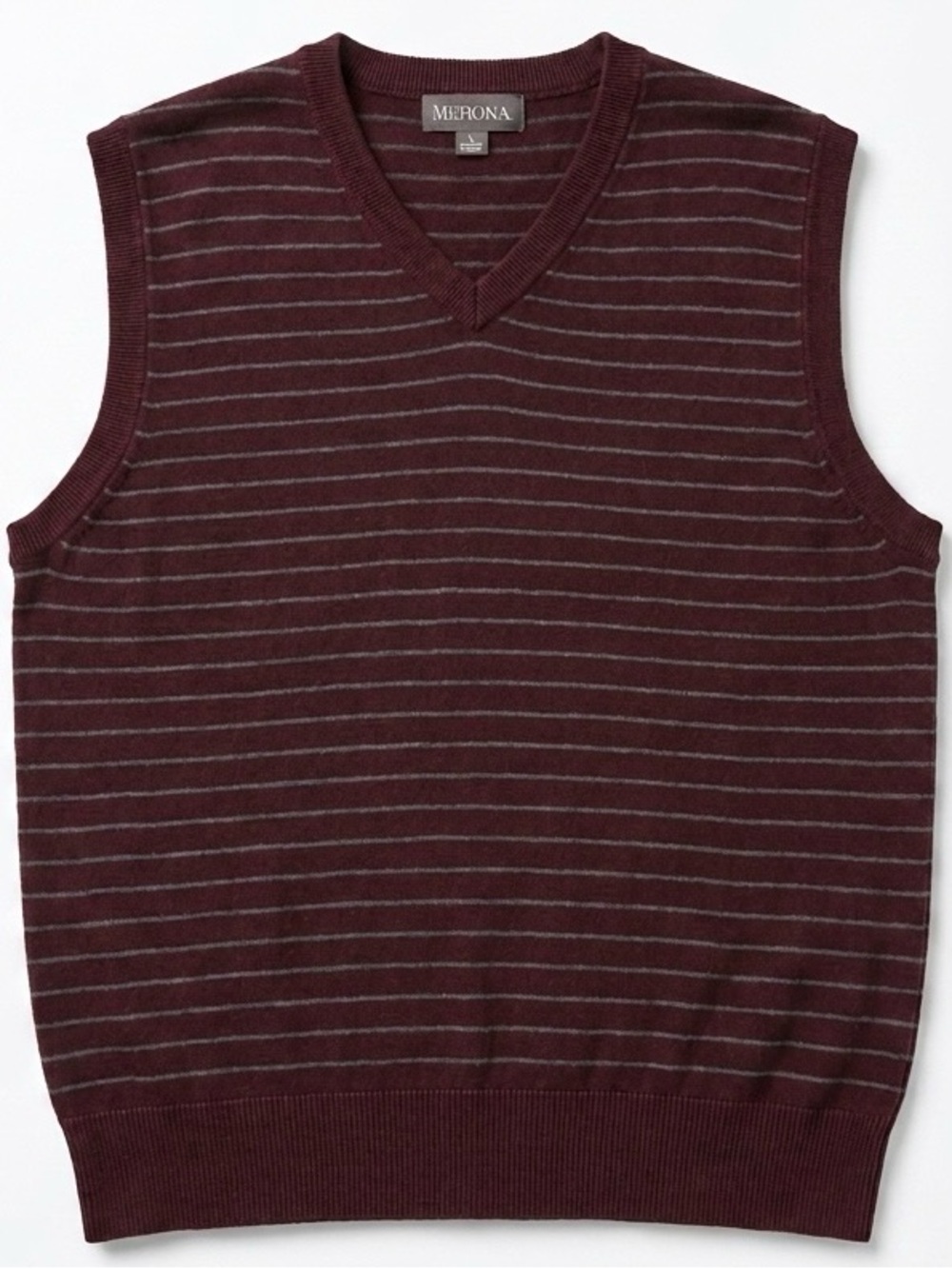 Merona Burgundy 90’s V-Neck Sleeveless Sweater with Gray Pinstripes 100% Cotton